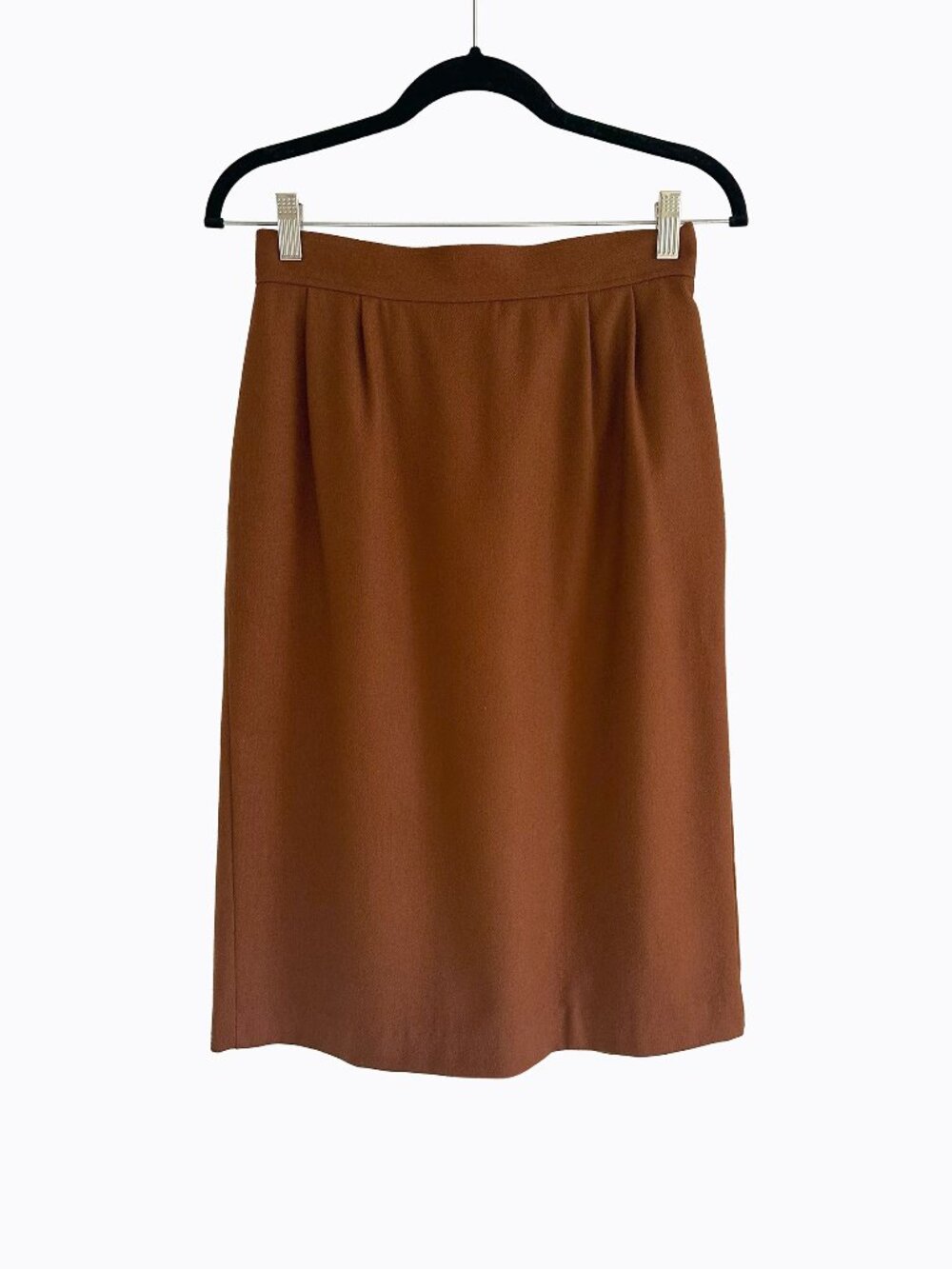 Vtg Isaac Hazan Wool Pencil Skirt XS Camel Brown Back Button Vent Preppy ILGWU